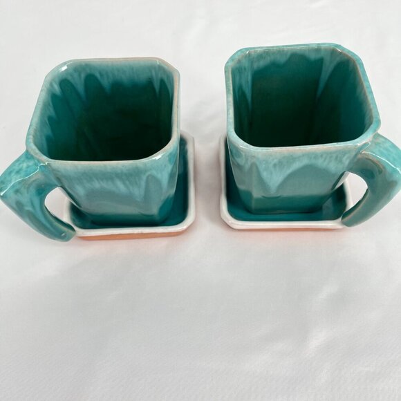 Vintage Turquoise Ceramic Dinnerware Set 6 Pieces Square Plates & Mugs - Picture 6 of 13